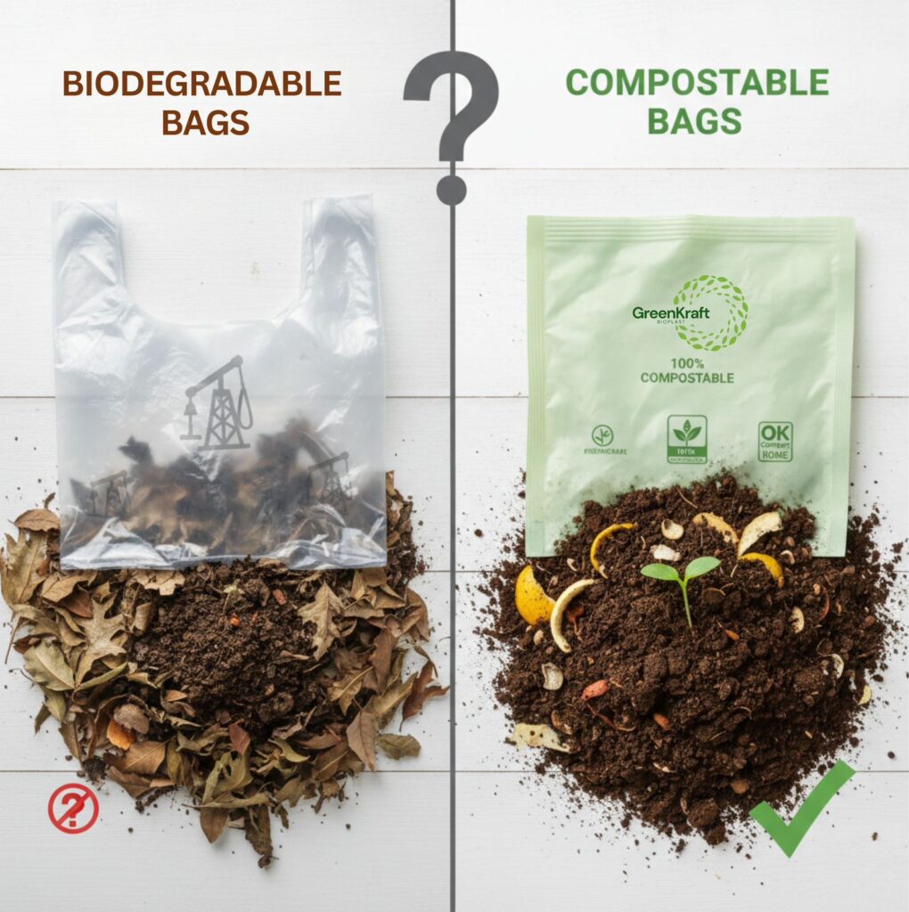 GreenKraft Bioplast: Compostable bags are the best eco-friendly plastic alternative compared to paper, cloth, and misleading biodegradable.