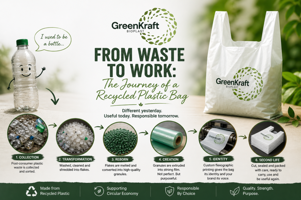 Recycled plastic bag manufacturing process from bottle waste to finished carry bag